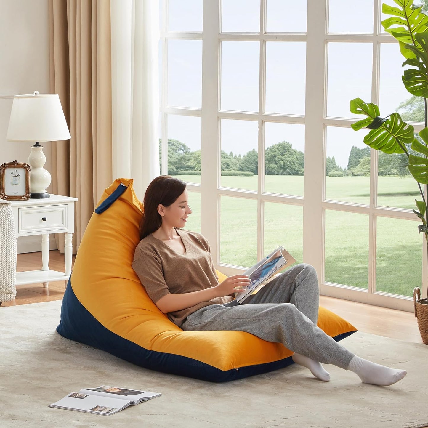 Nervava Pouf, Tissu Velours Jaune & Blue